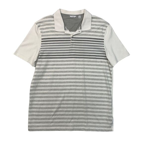 Calvin Klein Polo Shirt Men XL Extra Large White Grey Stripe Cotton Short Sleeve - Picture 1 of 11